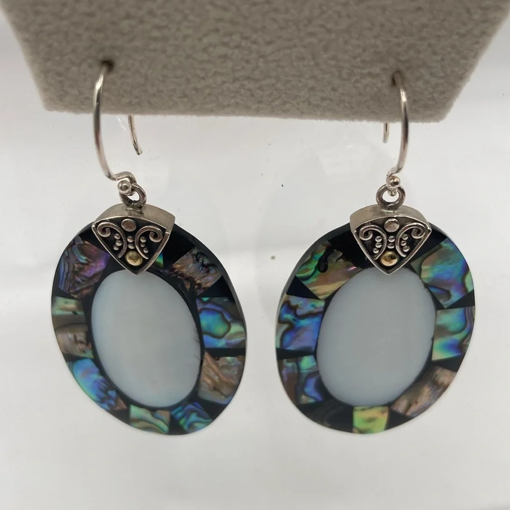 Robert Manse Sterling Silver 18K Abalone Mother of Pearl Earrings 2 1/4”L - Picture 6 of 13